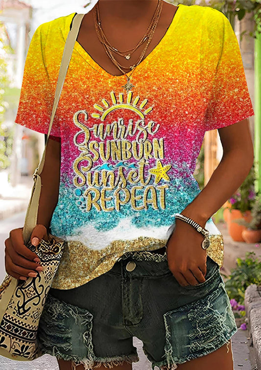 Suniise Sunburn Sunset Repeat Gradient V-Neck Short Sleeve T-Shirt