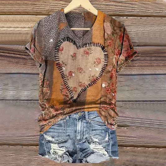 Vintage Patchwork Hippie Love Art V-neck T-Shirt