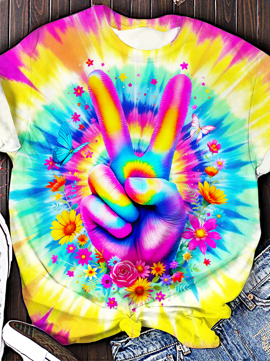 Colorful Tie-dye Floral Peace Hippie Hands Crew Neck T-shirt