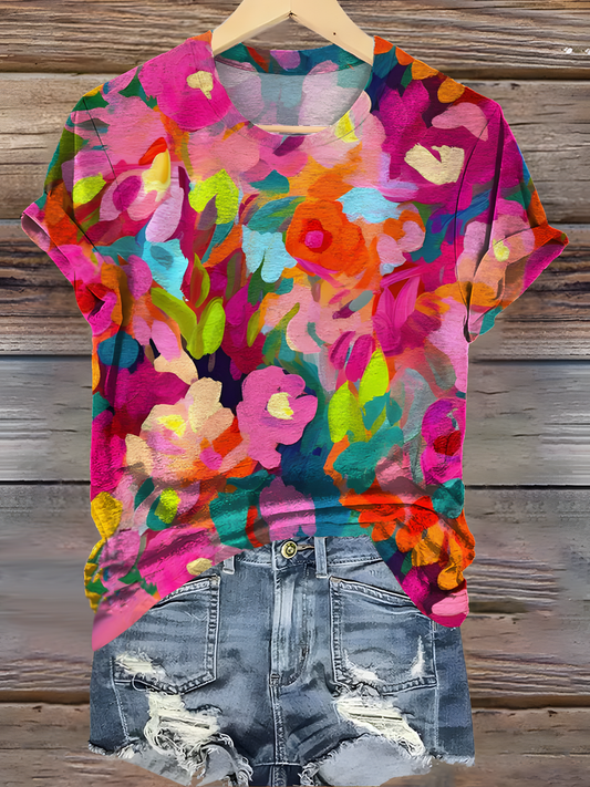 Vintage Bohemian Abstract Floral Art Crew Neck T-shirt