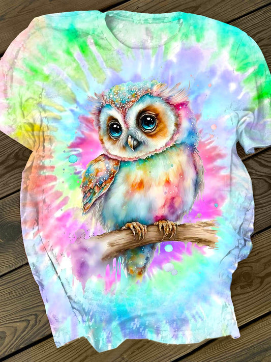 Spring Colorful Cute Owl Printed Crew Neck T-shirt