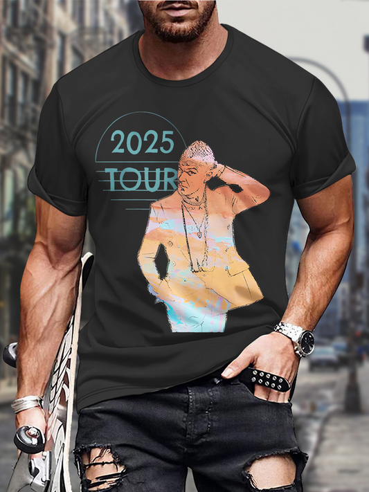 ロビー・ウィリアムズ風ラウンドネック半袖メンズTシャツ