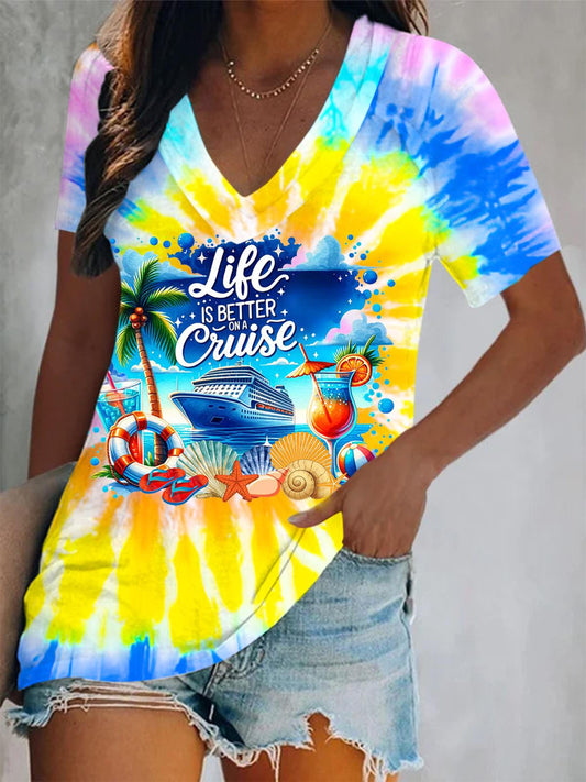 Life Is Better on A Cruise Tie Dye Printed V-neck Sleeveless Top