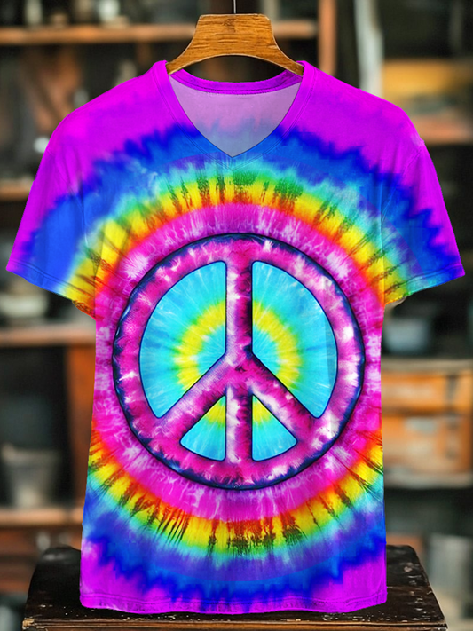 Tie-Dye Hippie Peace Sign V-neck T-Shirt