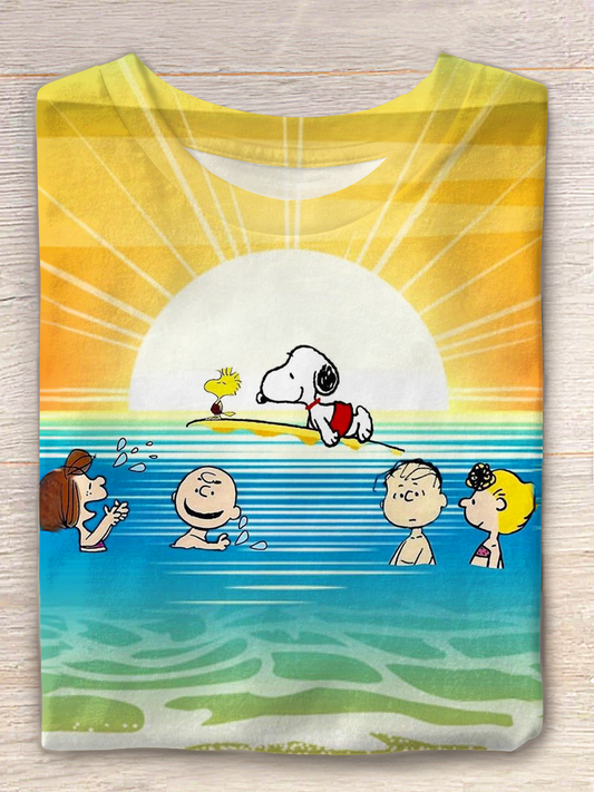 Fun Vacation Snoopy Sunset Beach Float Crew Neck T-shirt