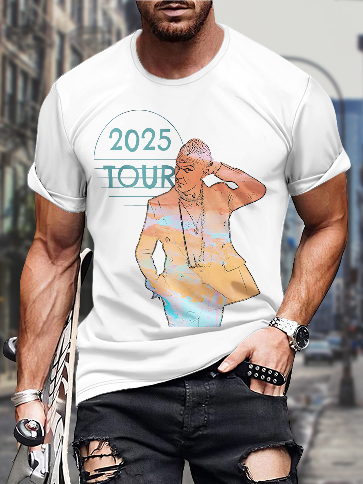 ロビー・ウィリアムズ風ラウンドネック半袖メンズTシャツ