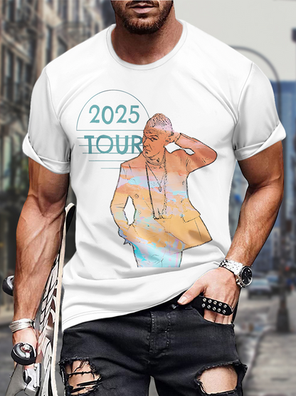 ロビー・ウィリアムズ風ラウンドネック半袖メンズTシャツ