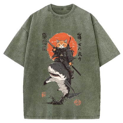 Japanese Frog Samurai Round Neck Washed T-Shirt