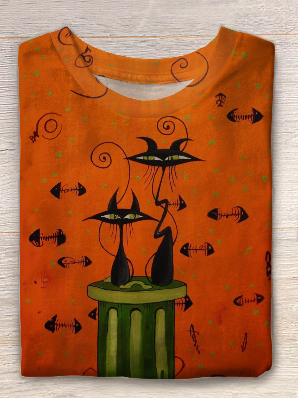 Vintage Funny Cat Art Crew Neck T-shirt