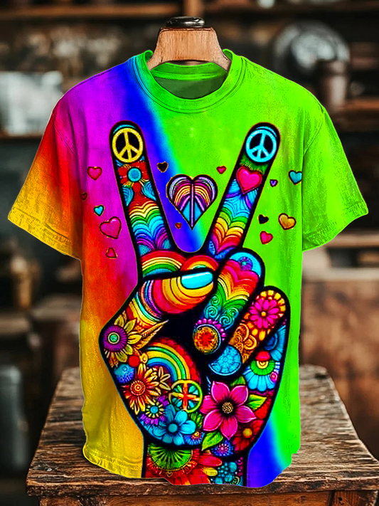 Retro Rainbow Hippie Love Peace Crew Neck T-shirt