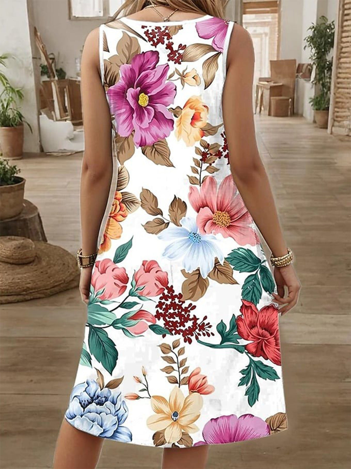 Flower Sleeveless V Neck Dress