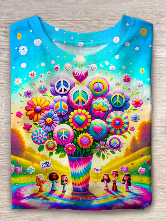 Fun Floral Hippie Peace Art Crew Neck T-shirt