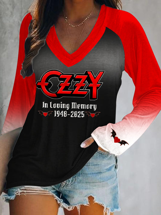In Memory of Ozzy Osbourne Print V-Neck Long Sleeve Top