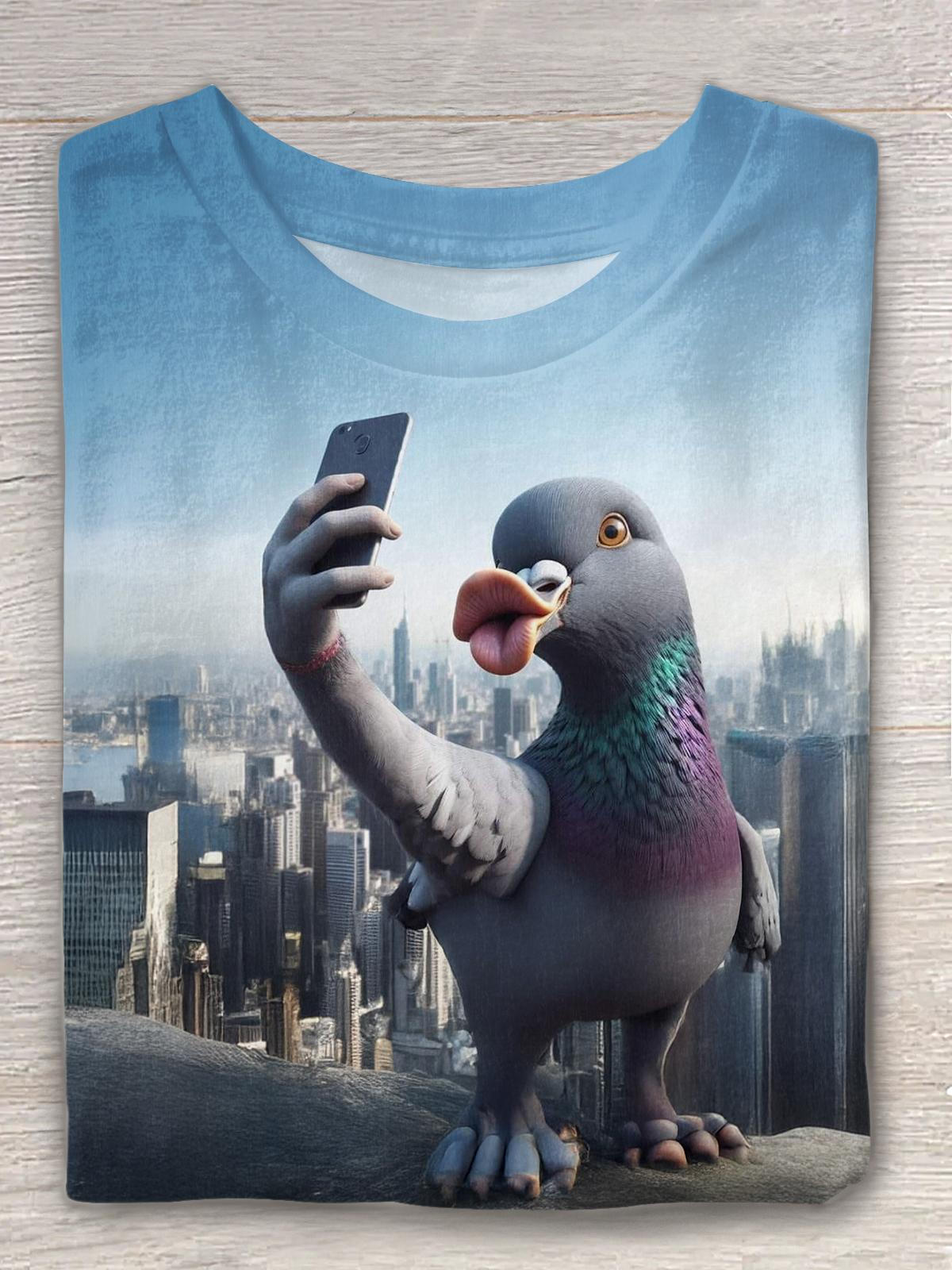 Fun Selfie Bird Print Crew Neck T-shirt