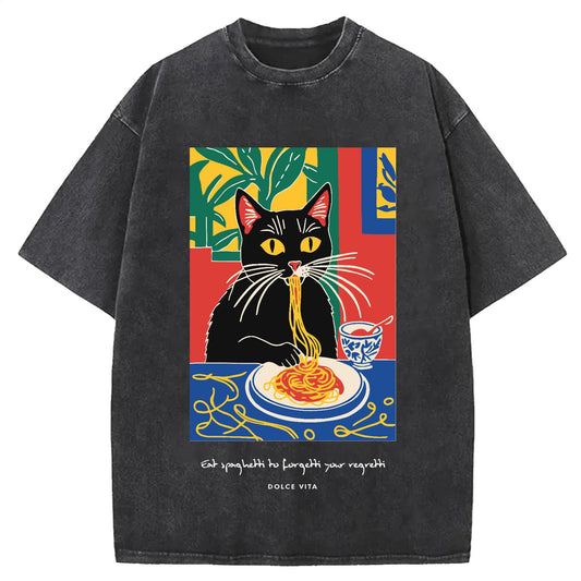 Cat Eating Ramen Vintage Washed Crew Neck T-Shirt