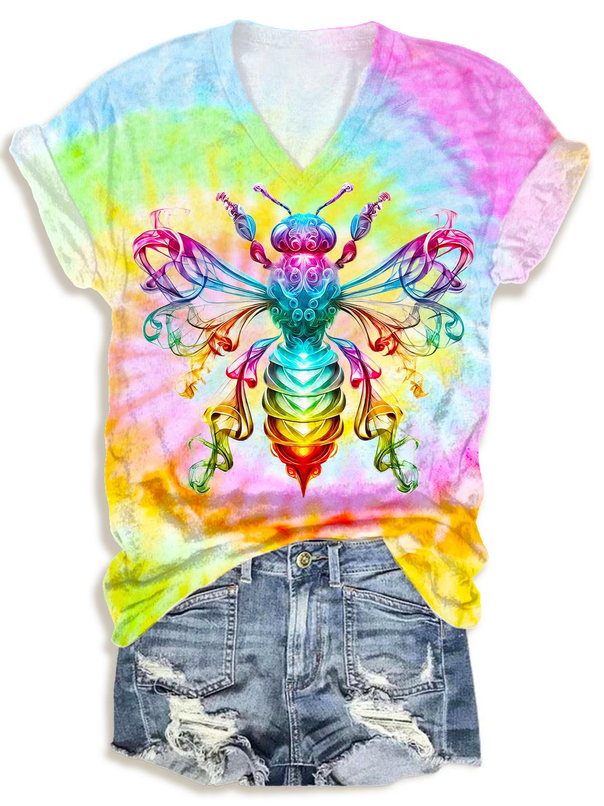 T-shirt col V imprimé abeille fumée pour l'été 