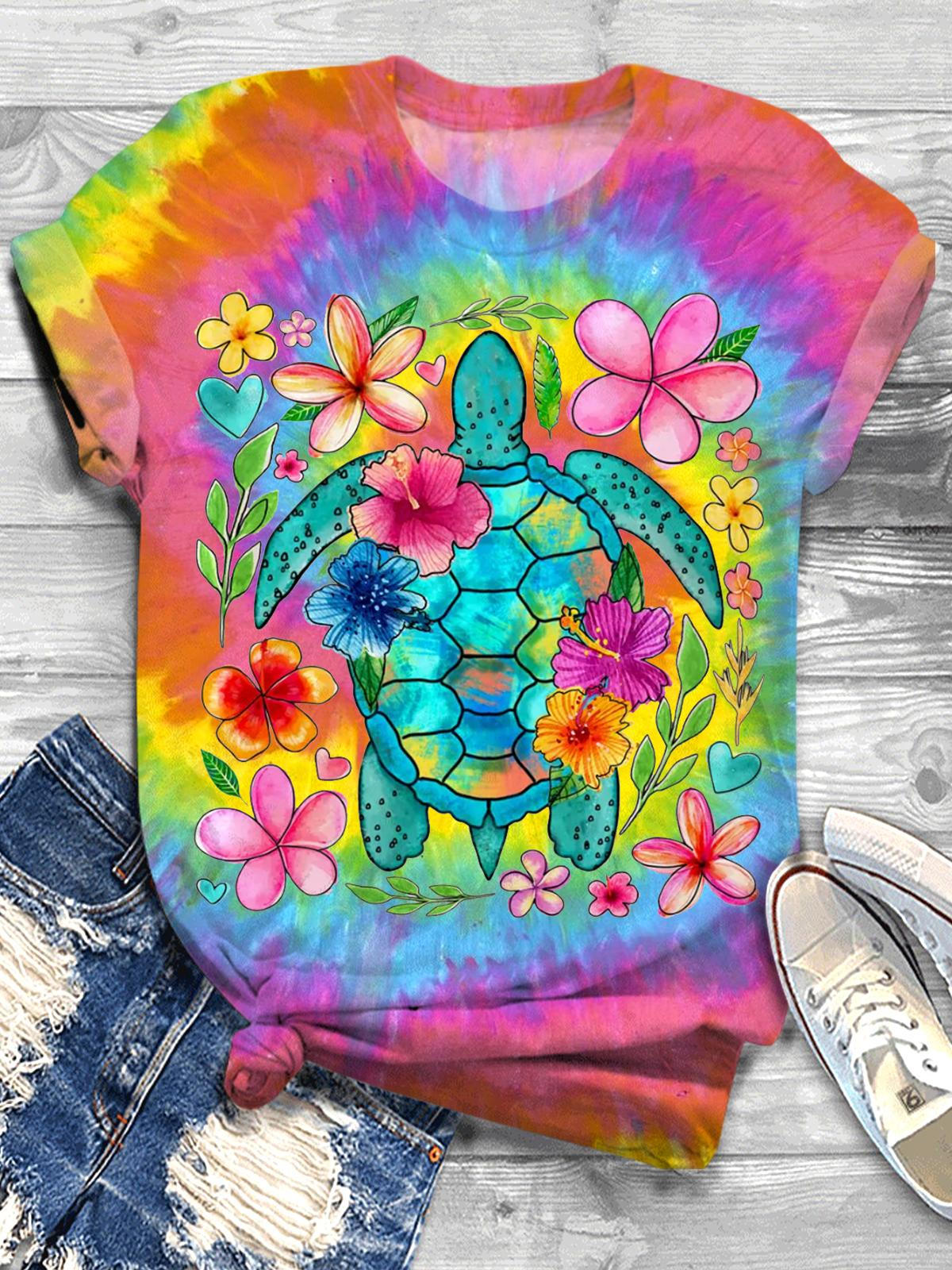 T-shirt ras du cou motif tortue de mer à fleurs bohème 