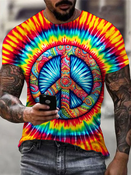 Colorful Tie-dye Hippie Peace Sign Round Neck Short Sleeve Men's T-shirt