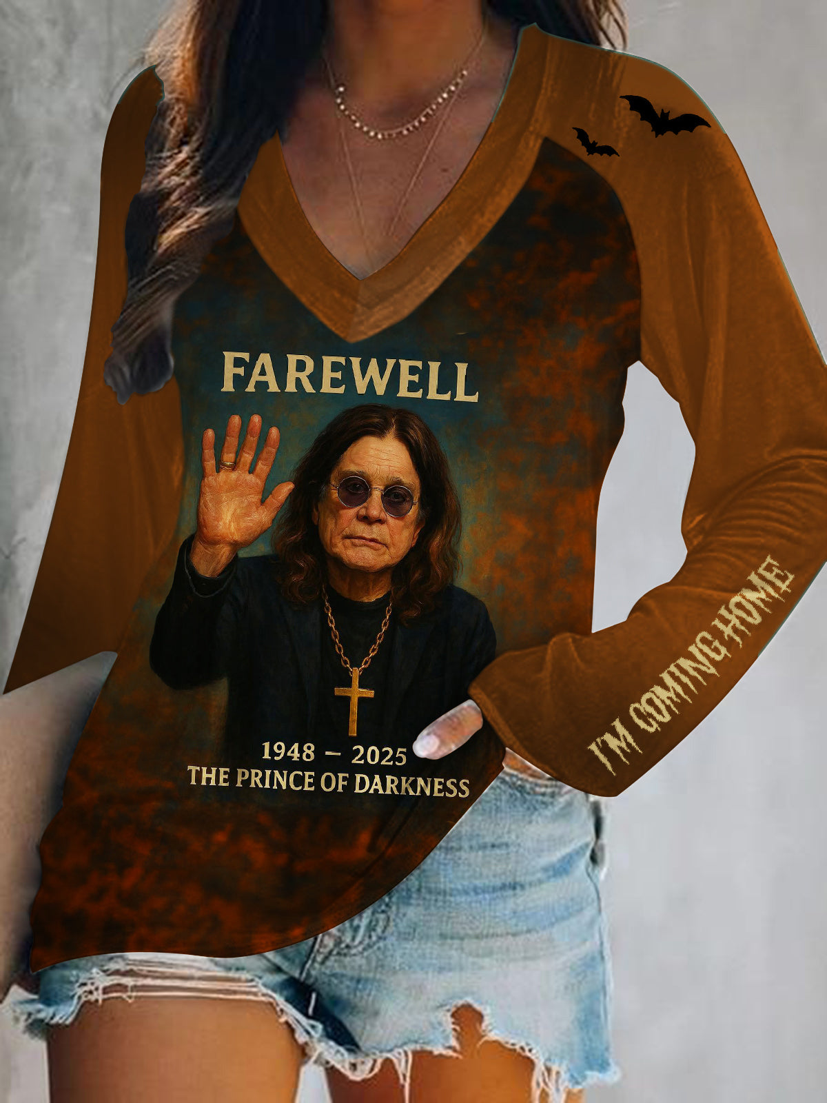 Ozzy Osbourne Retro Print V-Neck Long Sleeve Top