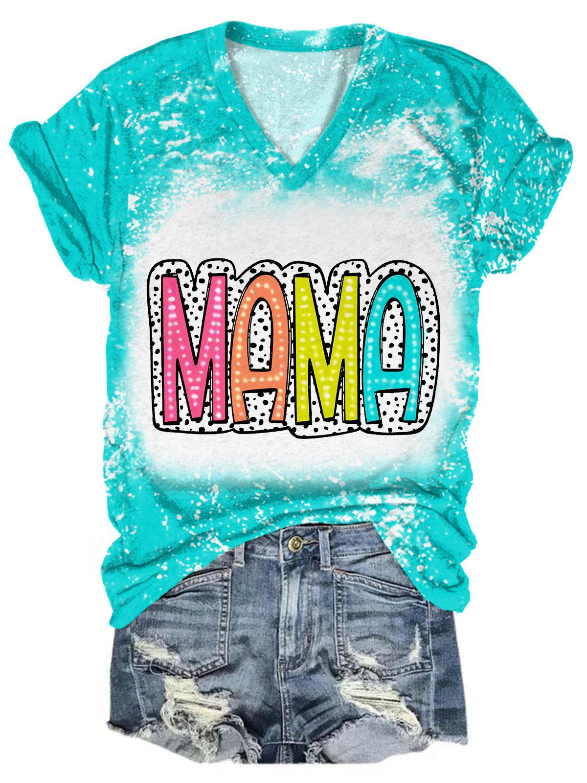 Bright Doodle MAMA Print V-Neck Tie Dye T-Shirt