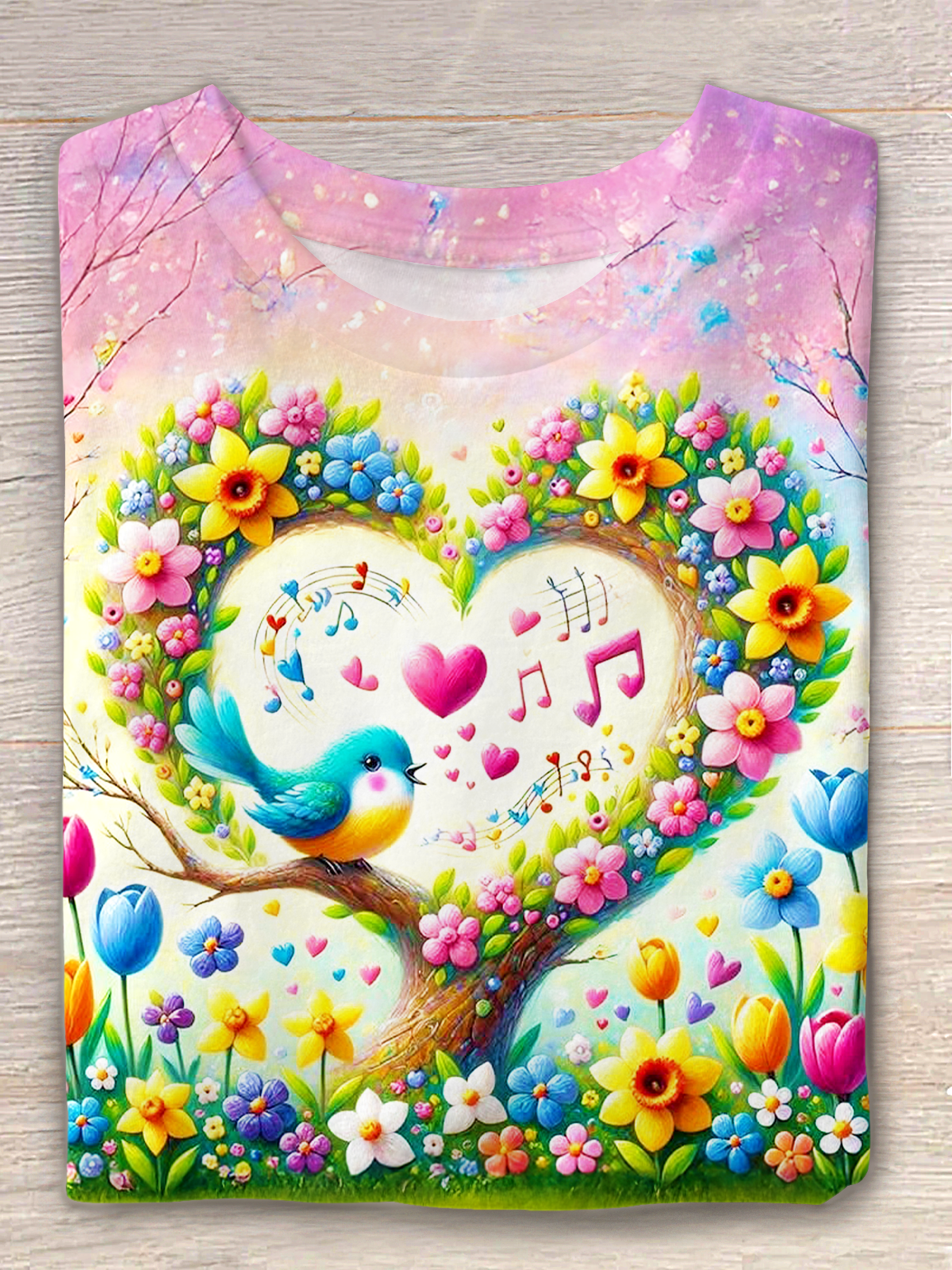 Love Hippie Floral Heart Music Art Crew Neck T-shirt