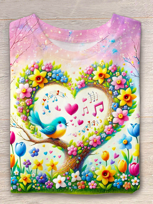 Love Hippie Floral Heart Music Art Crew Neck T-shirt