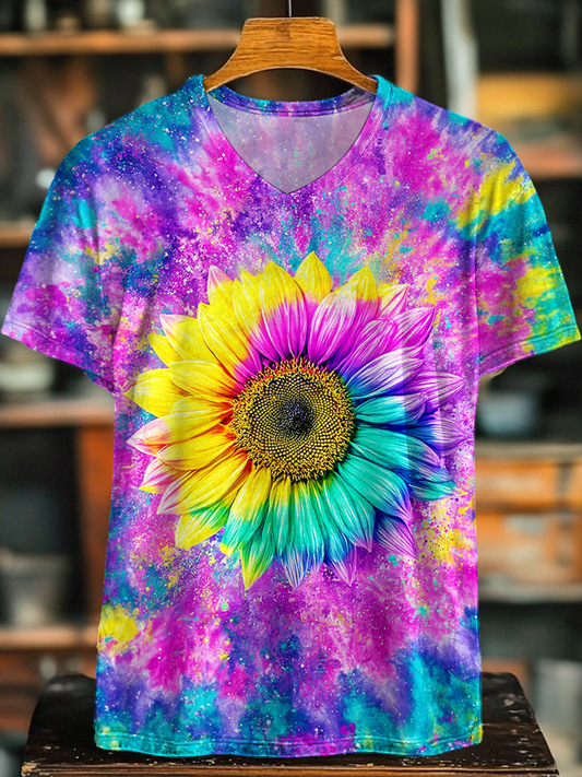 Vintage Tie Dye Hippie Sunflower Art V-neck T-Shirt