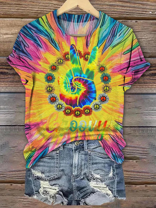 Rainbow Tie-Dye Peace Sign Hand Graphic Crew Neck Short Sleeve T-Shirt "Groovy" Retro Women's Tee