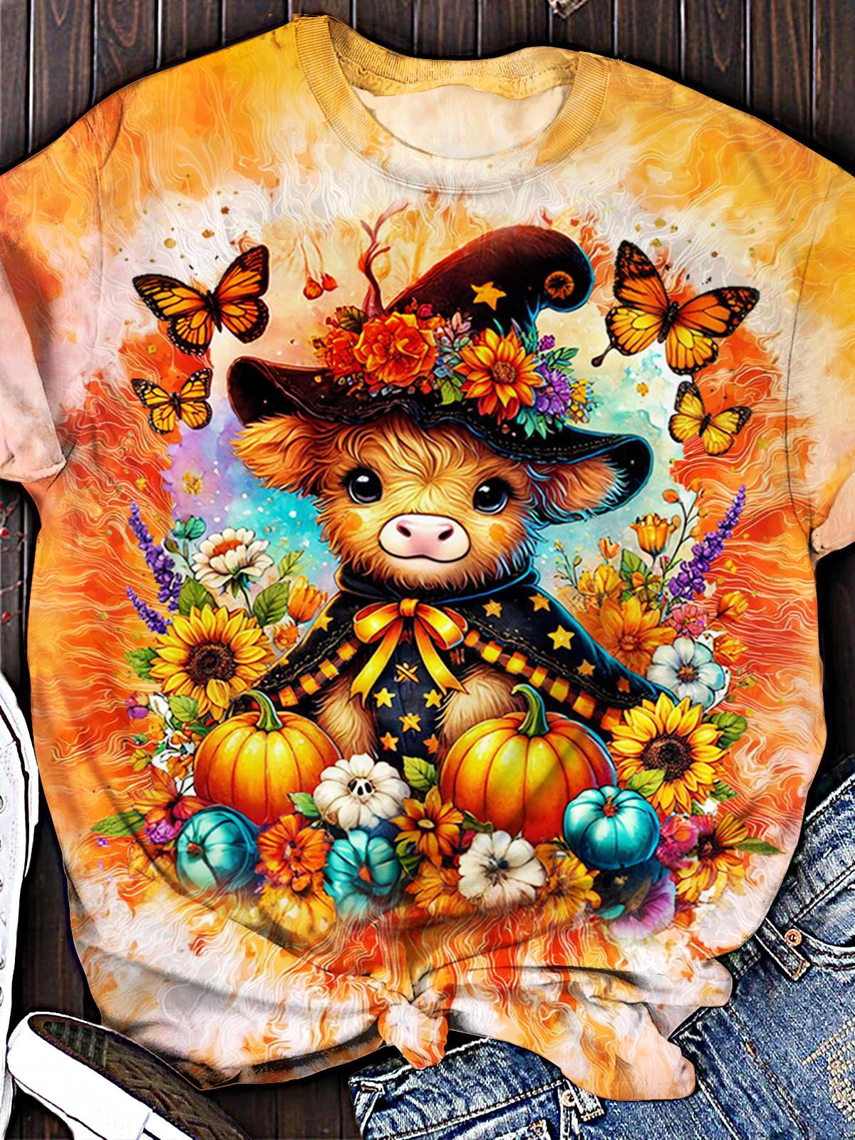 Fall Highland Cow Halloween Printed Crew Neck T-shirt