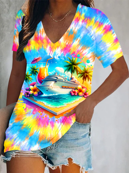 Cruise Watercolor Art Short Sleeve V Neck Print Top