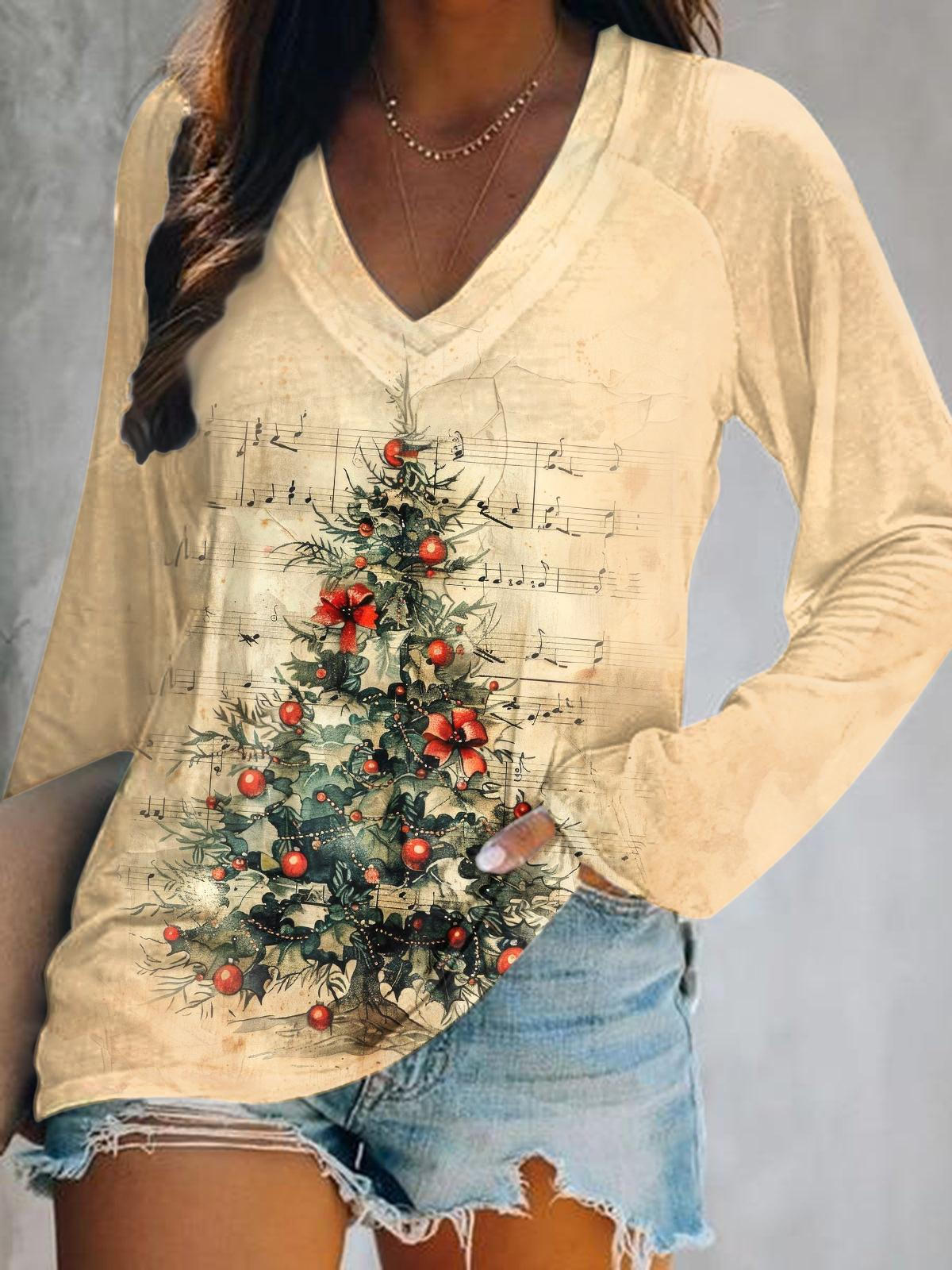 Christmas Retro Christmas Tree Print V-Neck Long Sleeve Top