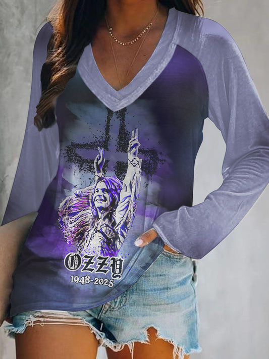 Ozzy Osbourne Print V-Neck Long Sleeve Top