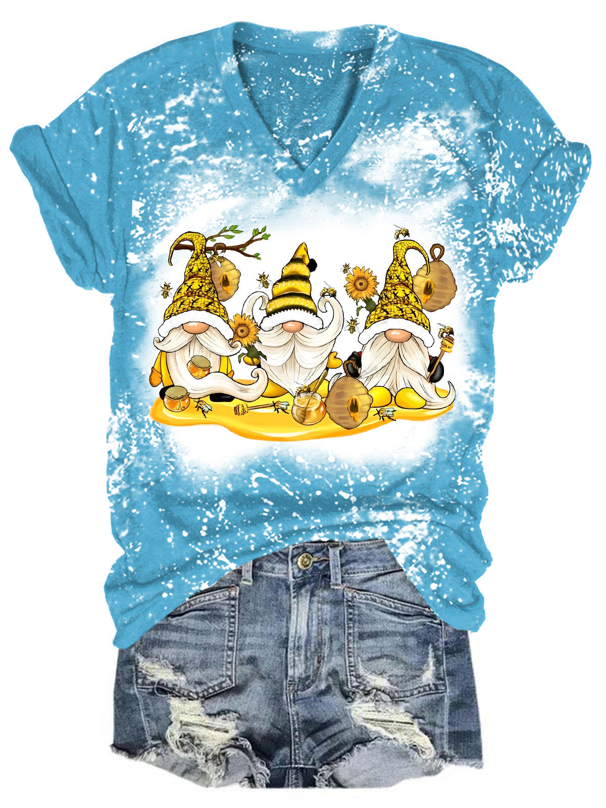 Sunflower Bee Gnome Bleaching V Neck T-shirt