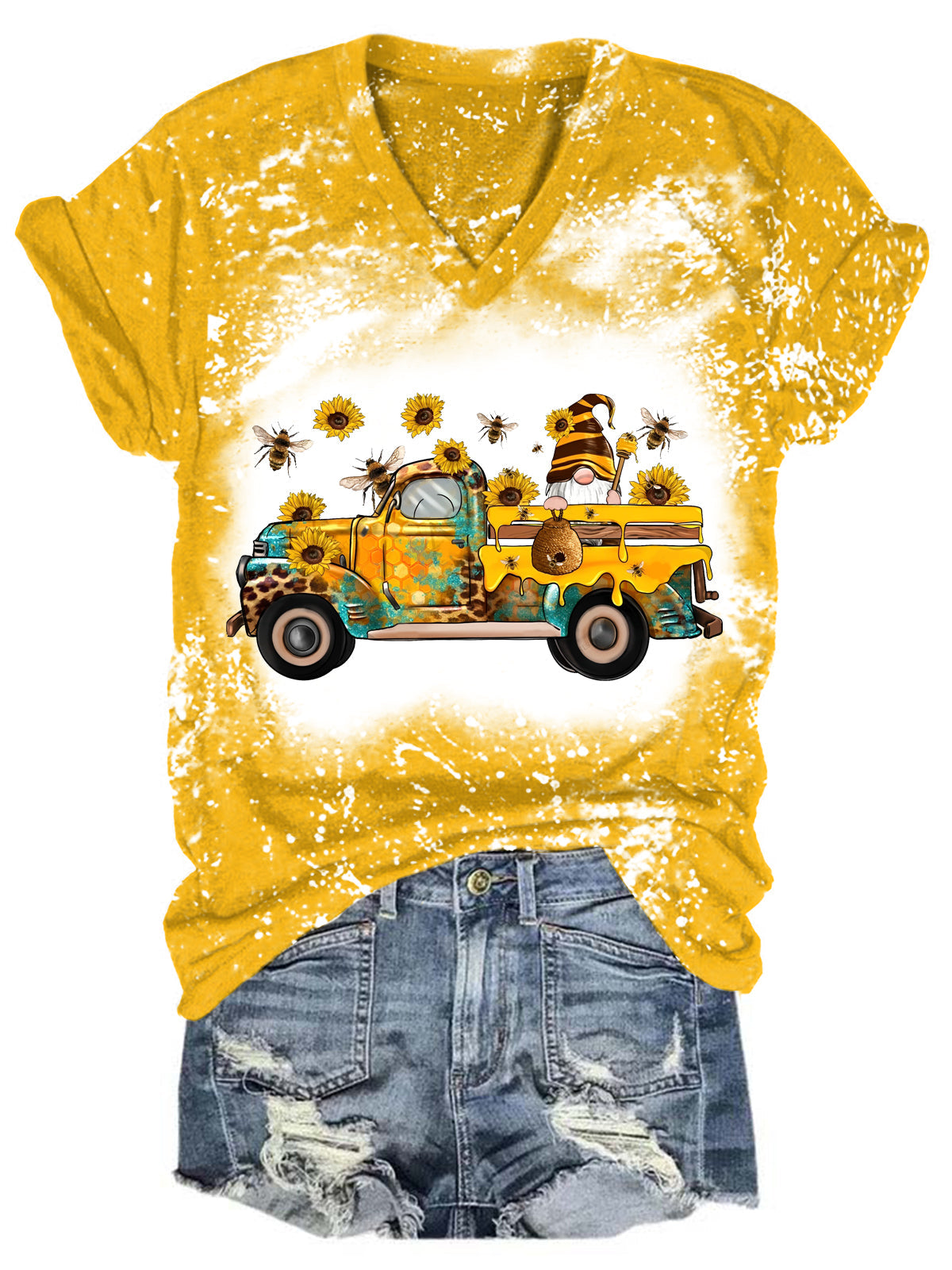 Bee Sunflower Gnome Truck V Neck T-shirt