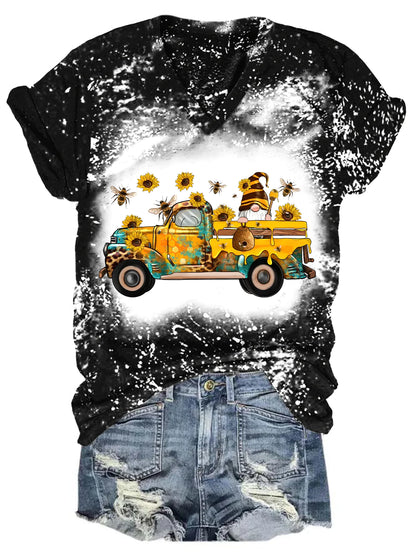 Bee Sunflower Gnome Truck V Neck T-shirt