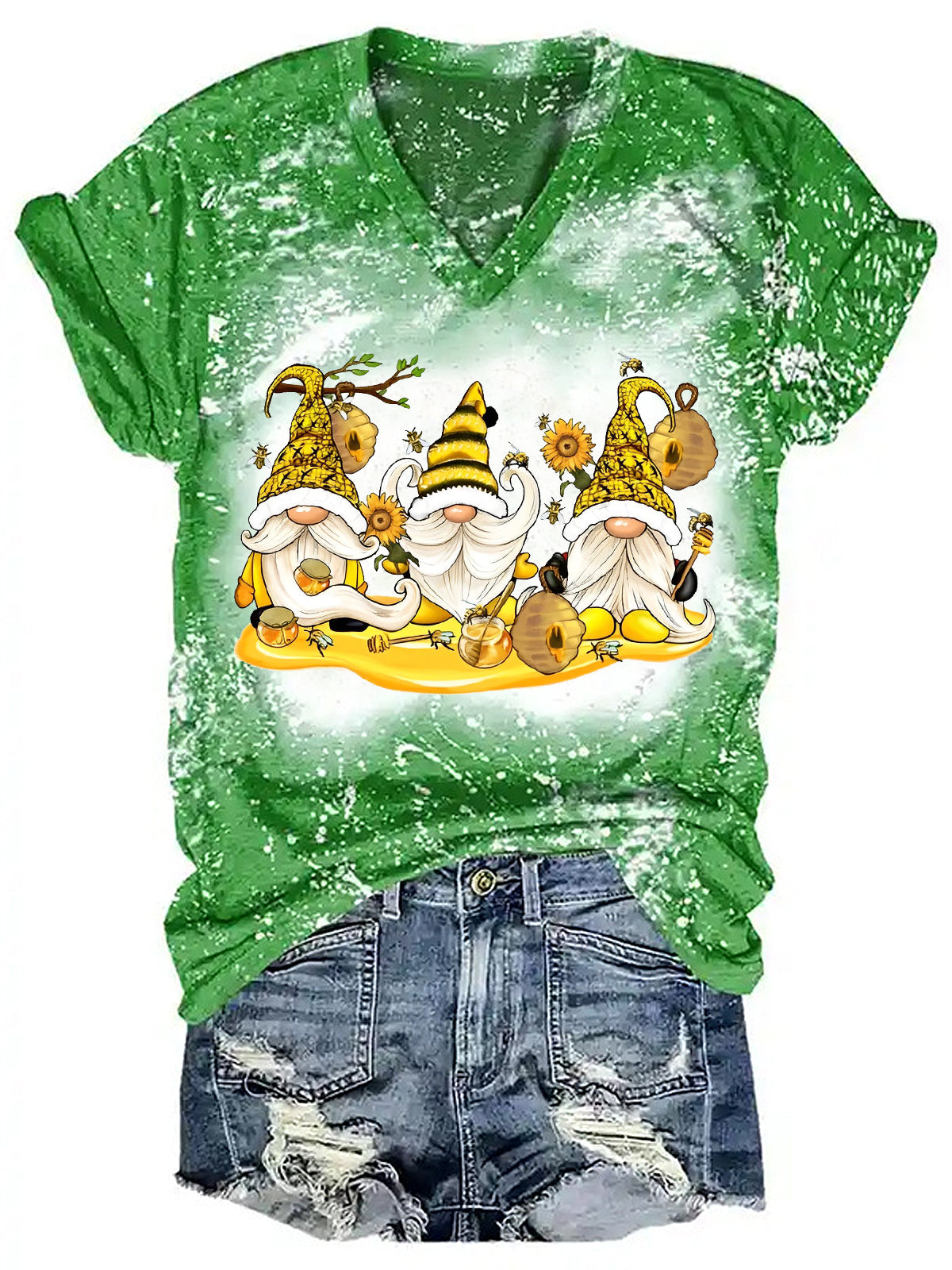 Sunflower Bee Gnome Bleaching V Neck T-shirt