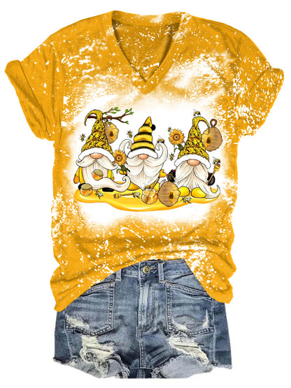 Sunflower Bee Gnome Bleaching V Neck T-shirt