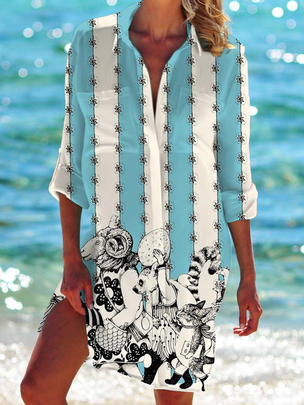 Vintage Stripe Animal Long Sleeve Beach Shirt Dress