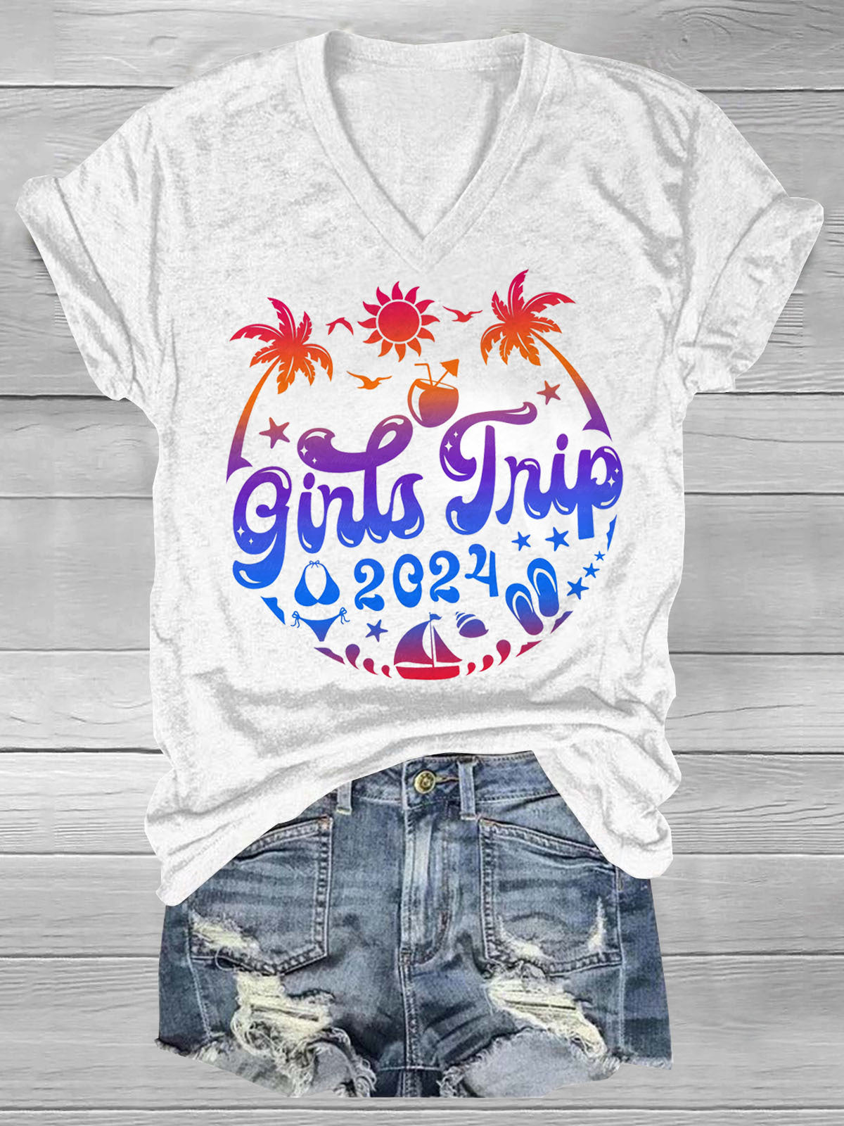 Girls Trip 2024 Print V-Neck Short Sleeve T-Shirt