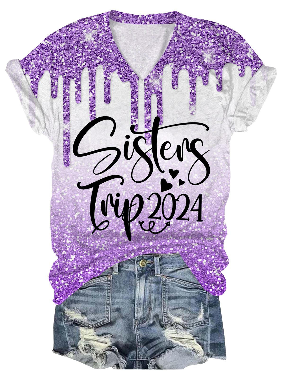 Sisters Trip 2024 Print V-Neck Short Sleeve T-Shirt