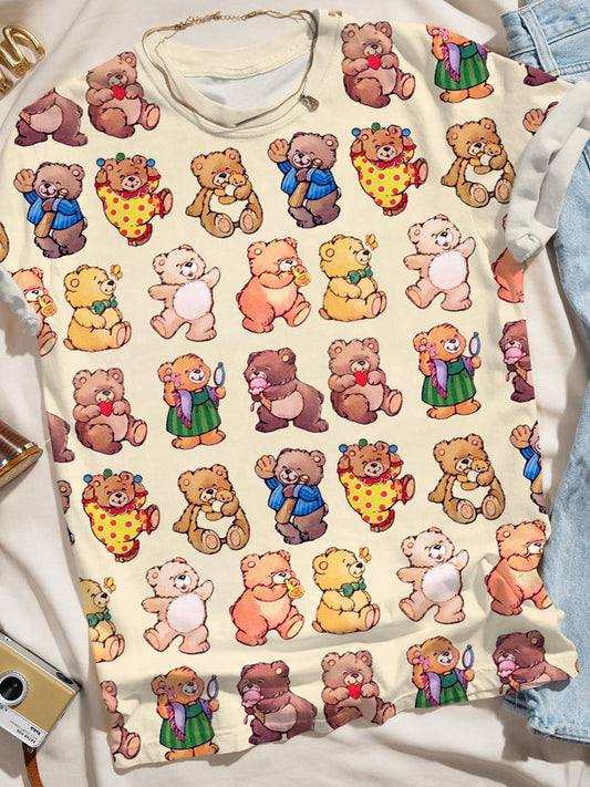 Vintage Cute Bears Print Crew Neck T-shirt