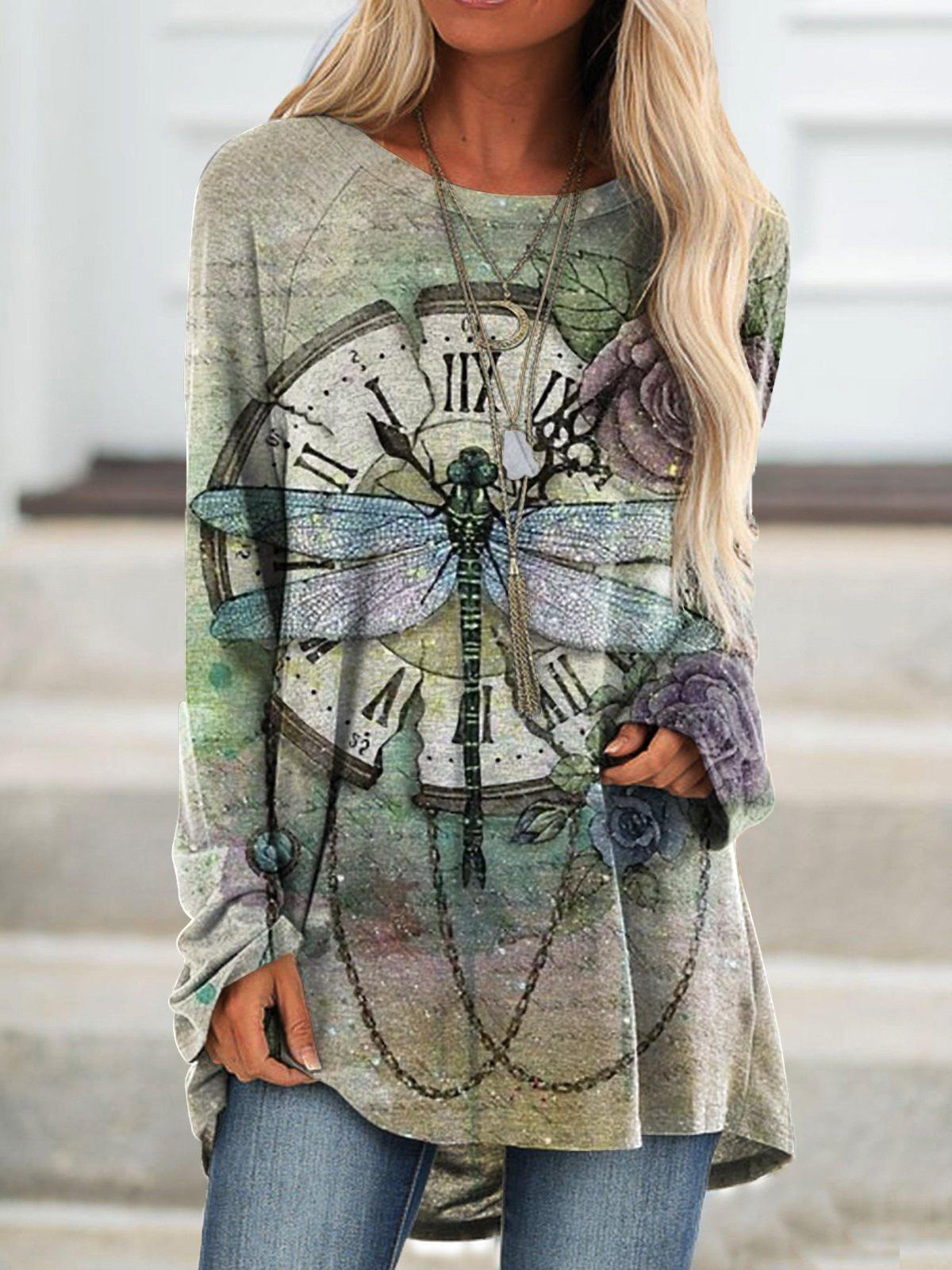 Dragonfly Clock Round Neck Long Sleeve Top