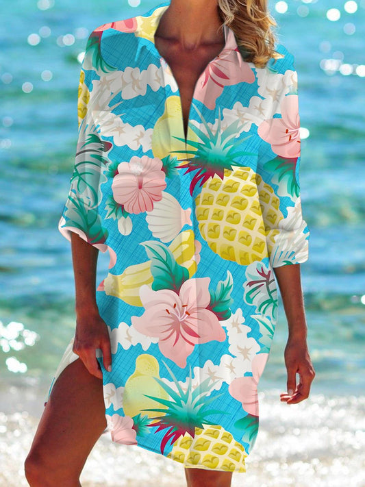 Pineapple Flower Long Sleeve Beach Shirt Dress
