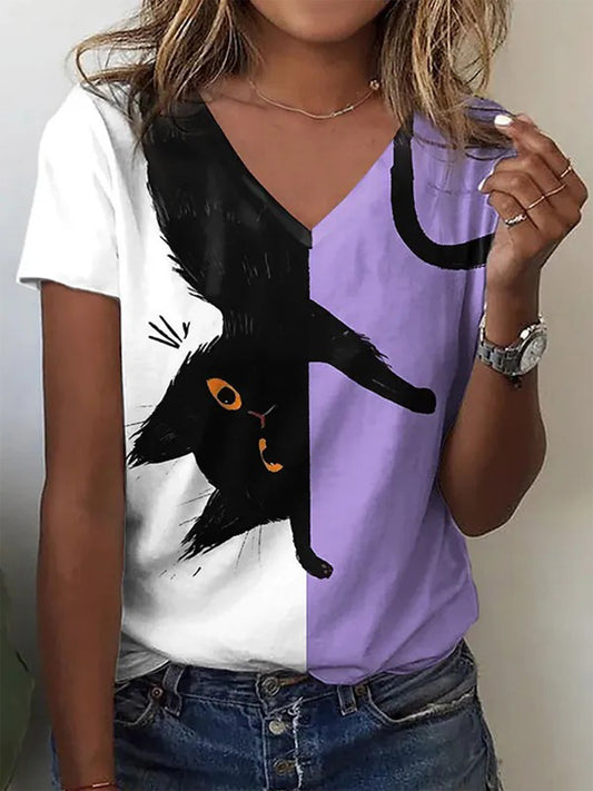 Cute Cat Contrasting Colors V-Neck Short Sleeve T-Shirt
