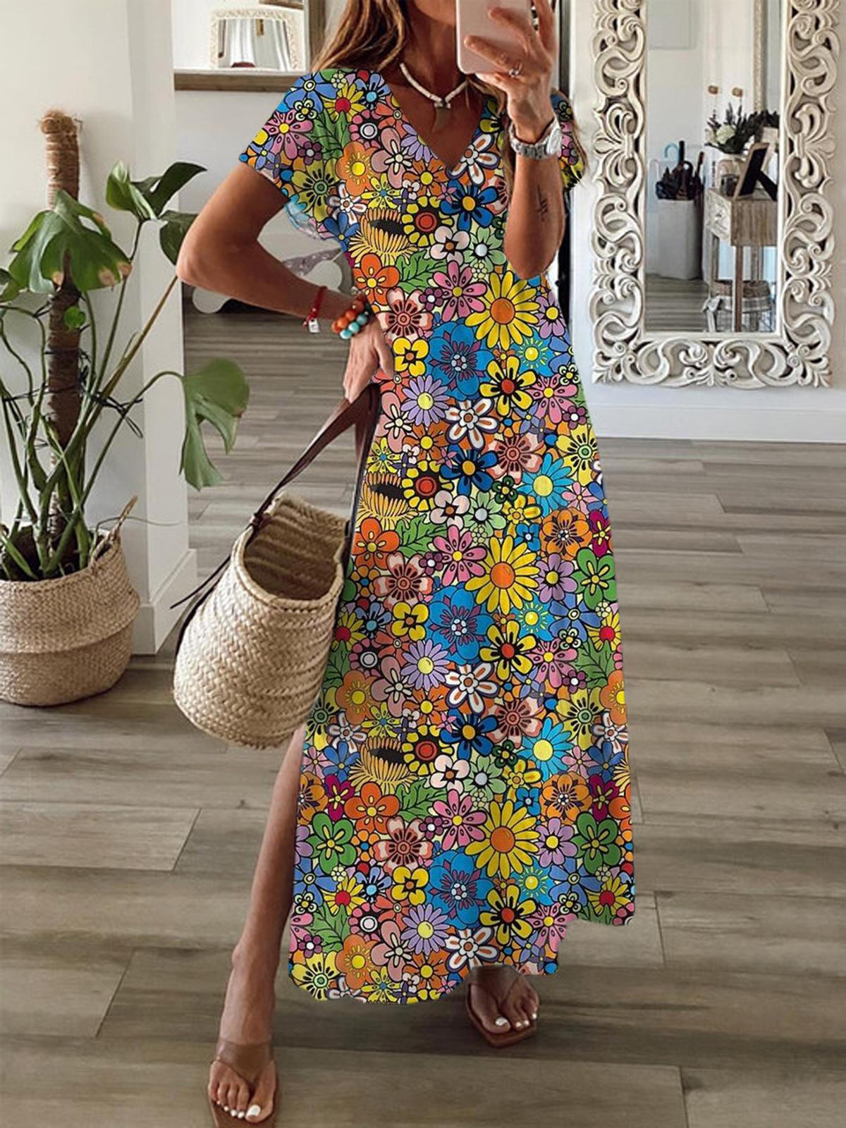 Floral Print Short Sleeve V Neck Maxi Dress