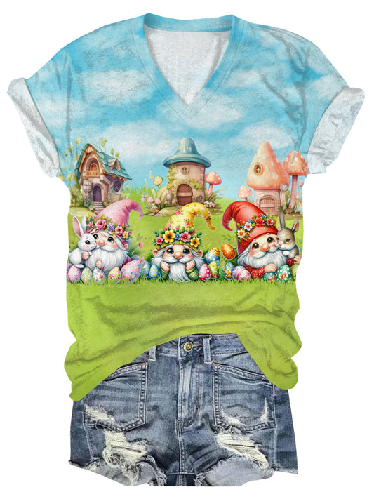 Easter Gnomes Print V-Neck Short Sleeve T-Shirt