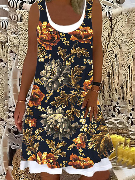 Women's Dark Floral Print Casual False Two Dress