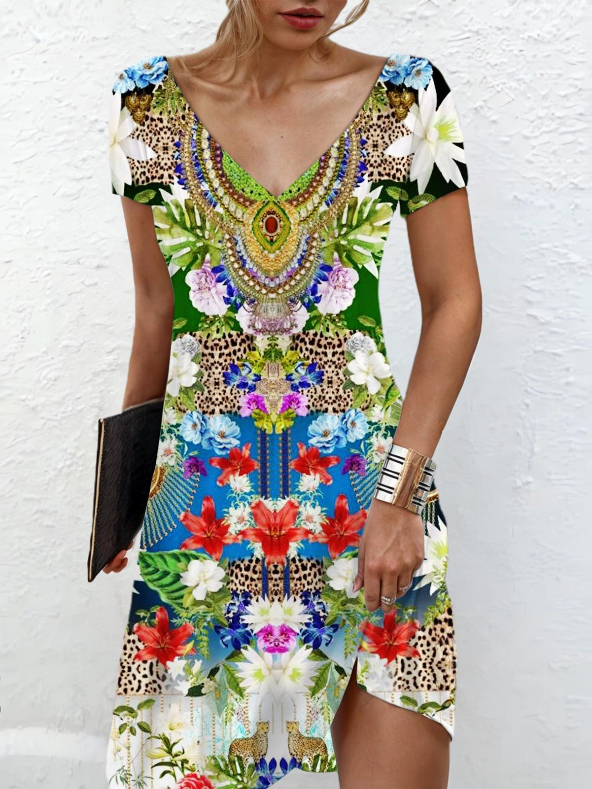 Flower Leopard Print V Neck Short Sleeve Dress