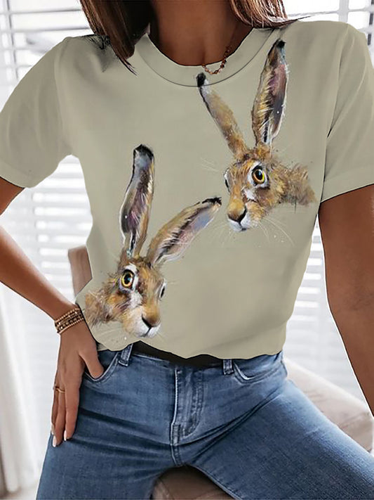 Cute Bunnies Print Crew Neck T-shirt
