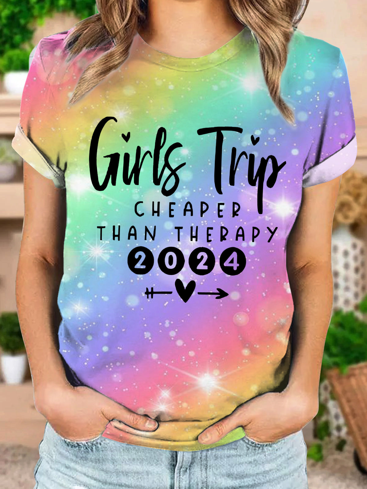 Girls Trip 2024 Cheaper Than Therapy Printed Crew Neck T-shirt